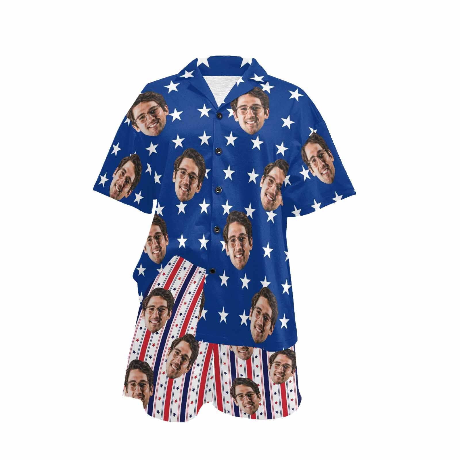 FacePajamas Pajama Custom Face Couple Matching Pajamas USA Flag Personalized Couple Matching V-Neck Short Pajama Set