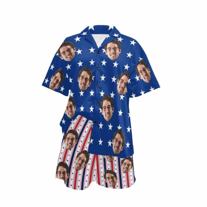FacePajamas Pajama Custom Face Couple Matching Pajamas USA Flag Personalized Couple Matching V-Neck Short Pajama Set