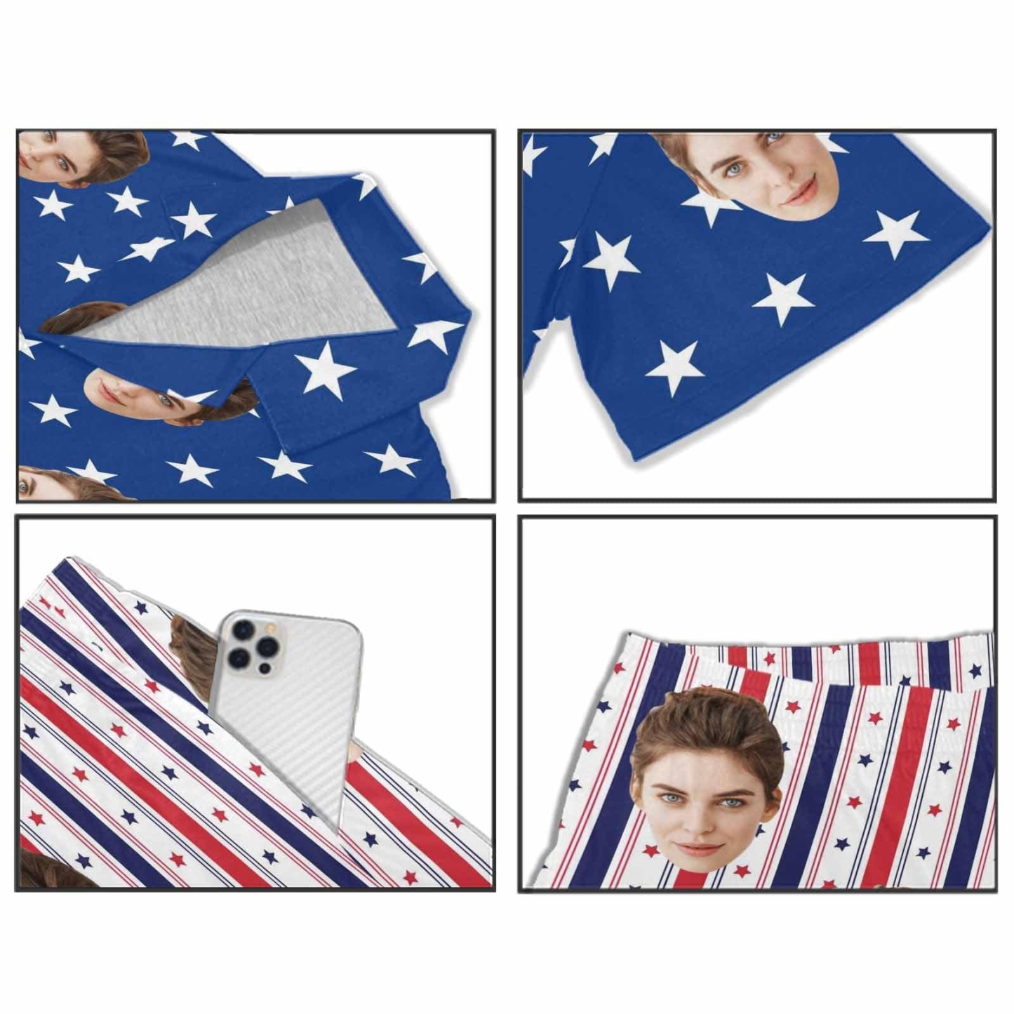 FacePajamas Pajama Custom Face Couple Matching Pajamas USA Flag Personalized Couple Matching V-Neck Short Pajama Set