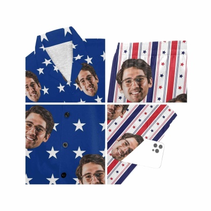 FacePajamas Pajama Custom Face Couple Matching Pajamas USA Flag Personalized Couple Matching V-Neck Short Pajama Set