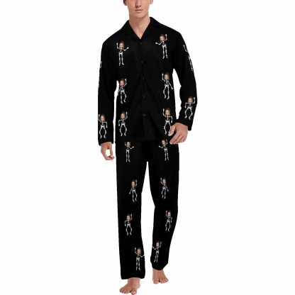 FacePajamas Custom Face Couple Pajamas Personalized Halloween Skeleton Man Custom Image Couple Matching V-Neck Long Sleeves Pajama Set
