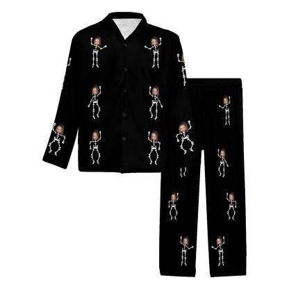FacePajamas Custom Face Couple Pajamas Personalized Halloween Skeleton Man Custom Image Couple Matching V-Neck Long Sleeves Pajama Set