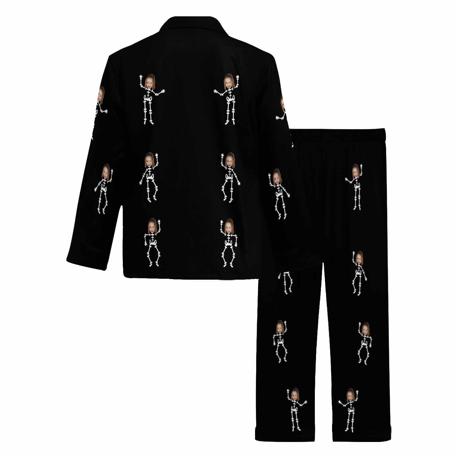 FacePajamas Custom Face Couple Pajamas Personalized Halloween Skeleton Man Custom Image Couple Matching V-Neck Long Sleeves Pajama Set