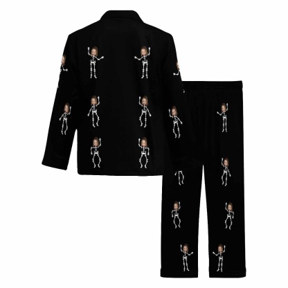 FacePajamas Custom Face Couple Pajamas Personalized Halloween Skeleton Man Custom Image Couple Matching V-Neck Long Sleeves Pajama Set