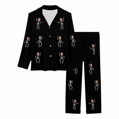FacePajamas Custom Face Couple Pajamas Personalized Halloween Skeleton Man Custom Image Couple Matching V-Neck Long Sleeves Pajama Set