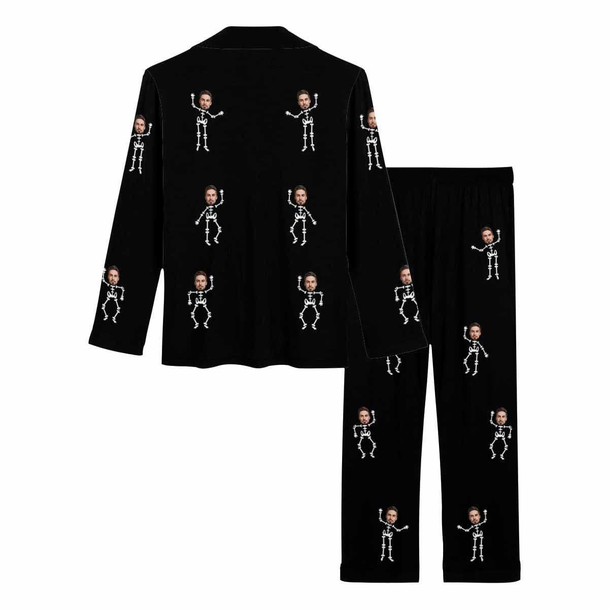 FacePajamas Custom Face Couple Pajamas Personalized Halloween Skeleton Man Custom Image Couple Matching V-Neck Long Sleeves Pajama Set