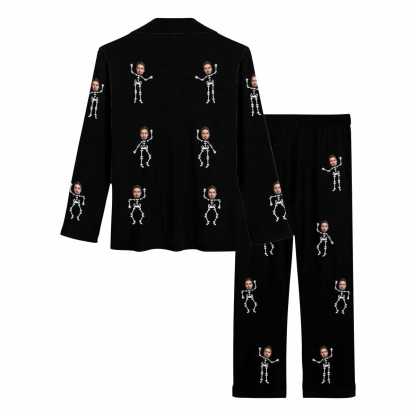 FacePajamas Custom Face Couple Pajamas Personalized Halloween Skeleton Man Custom Image Couple Matching V-Neck Long Sleeves Pajama Set