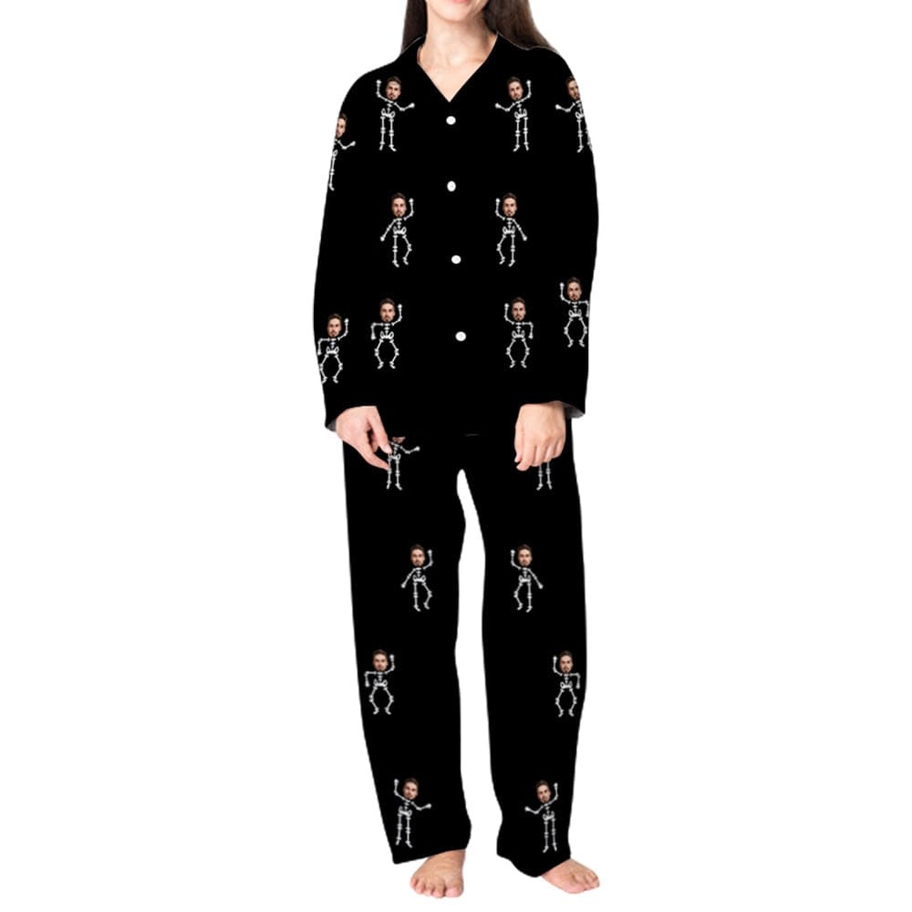 FacePajamas Pajama Custom Face Couple Pajamas Personalized Halloween Skeleton Man Custom Image Couple Matching V-Neck Long Sleeves Pajama Set