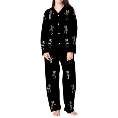FacePajamas Pajama Custom Face Couple Pajamas Personalized Halloween Skeleton Man Custom Image Couple Matching V-Neck Long Sleeves Pajama Set