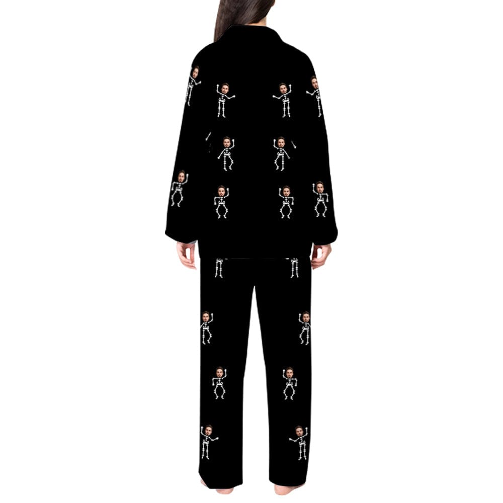 FacePajamas Pajama Custom Face Couple Pajamas Personalized Halloween Skeleton Man Custom Image Couple Matching V-Neck Long Sleeves Pajama Set