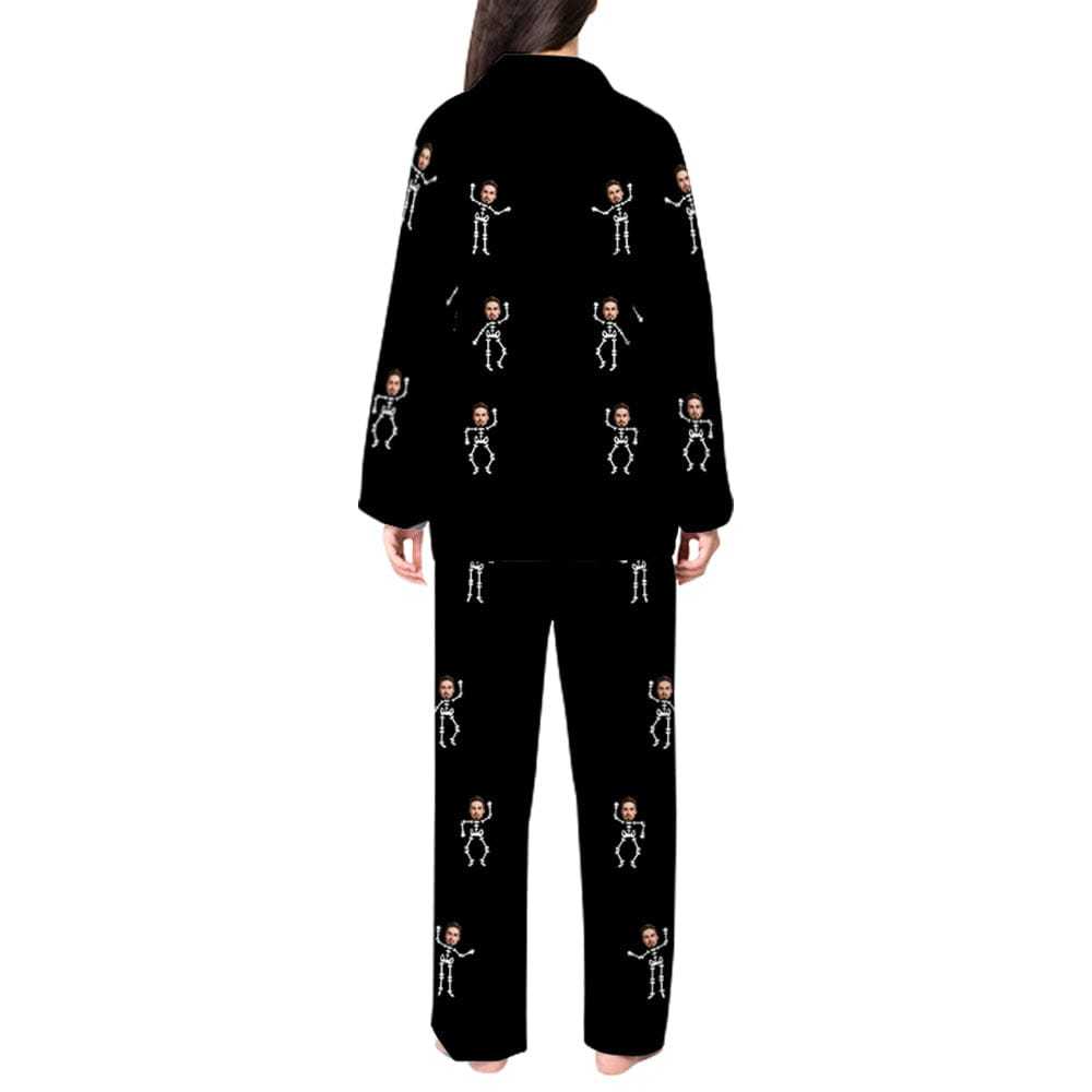 FacePajamas Pajama Custom Face Couple Pajamas Personalized Halloween Skeleton Man Custom Image Couple Matching V-Neck Long Sleeves Pajama Set