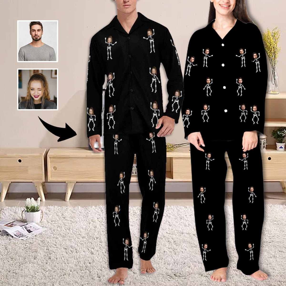 FacePajamas Pajama Custom Face Couple Pajamas Personalized Halloween Skeleton Man Custom Image Couple Matching V-Neck Long Sleeves Pajama Set