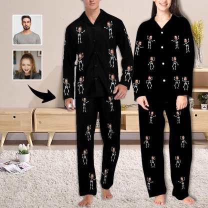 FacePajamas Pajama Custom Face Couple Pajamas Personalized Halloween Skeleton Man Custom Image Couple Matching V-Neck Long Sleeves Pajama Set