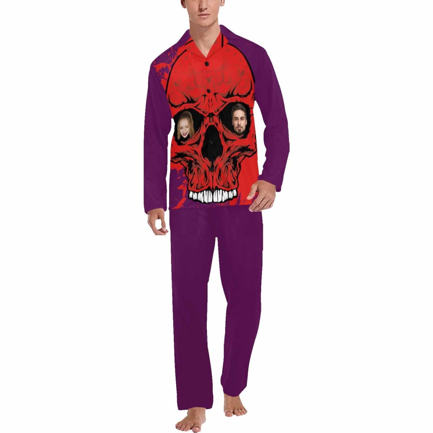 FacePajamas Custom Face Couple Pajamas Personalized Halloween Skull Custom Image Couple Matching V-Neck Long Sleeves Pajama Set