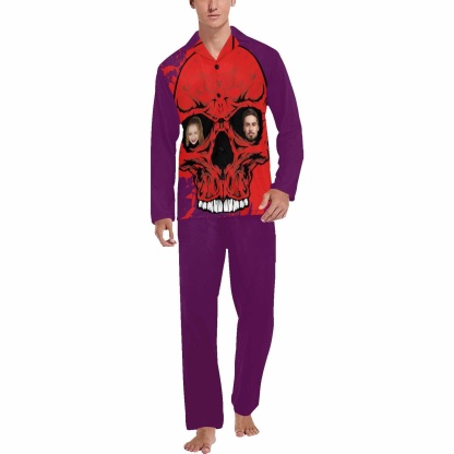 FacePajamas Custom Face Couple Pajamas Personalized Halloween Skull Custom Image Couple Matching V-Neck Long Sleeves Pajama Set