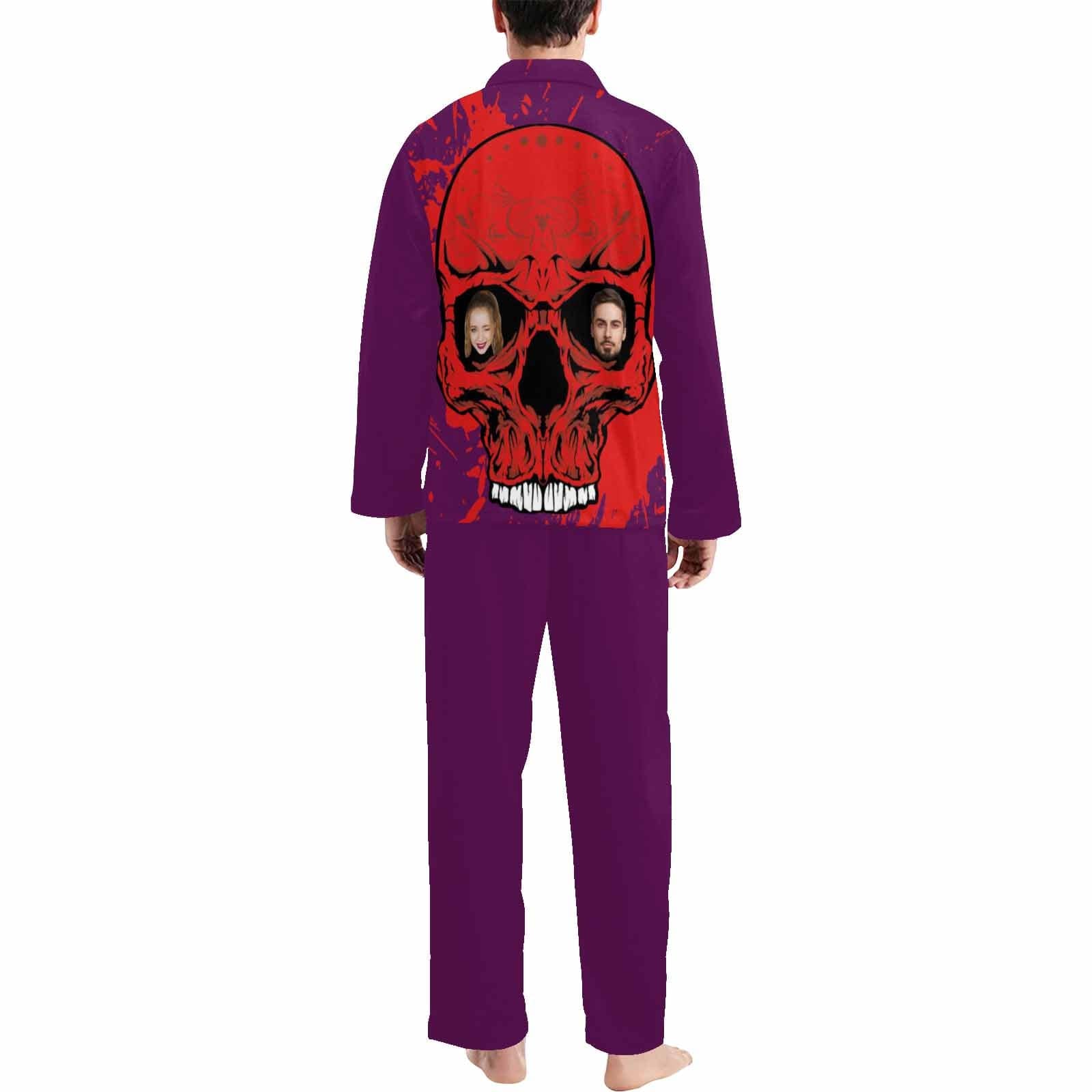 FacePajamas Custom Face Couple Pajamas Personalized Halloween Skull Custom Image Couple Matching V-Neck Long Sleeves Pajama Set