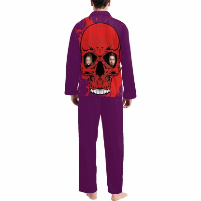 FacePajamas Custom Face Couple Pajamas Personalized Halloween Skull Custom Image Couple Matching V-Neck Long Sleeves Pajama Set