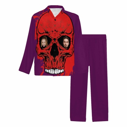 FacePajamas Custom Face Couple Pajamas Personalized Halloween Skull Custom Image Couple Matching V-Neck Long Sleeves Pajama Set