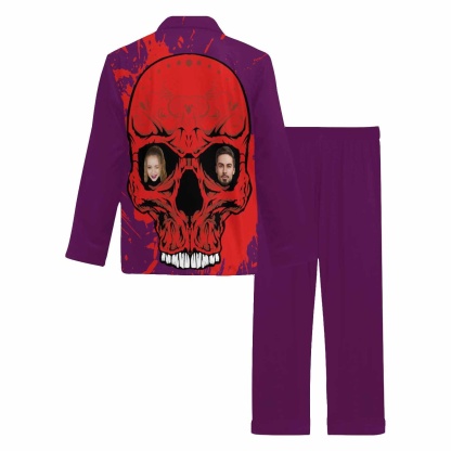 FacePajamas Custom Face Couple Pajamas Personalized Halloween Skull Custom Image Couple Matching V-Neck Long Sleeves Pajama Set