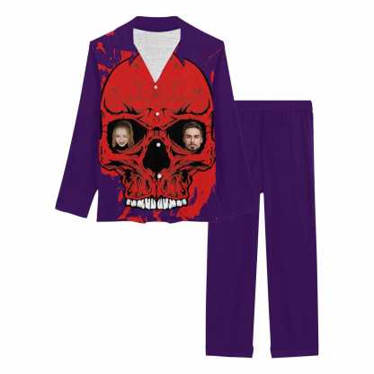 FacePajamas Custom Face Couple Pajamas Personalized Halloween Skull Custom Image Couple Matching V-Neck Long Sleeves Pajama Set
