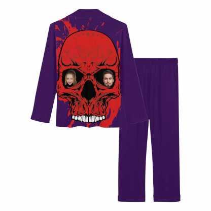 FacePajamas Custom Face Couple Pajamas Personalized Halloween Skull Custom Image Couple Matching V-Neck Long Sleeves Pajama Set