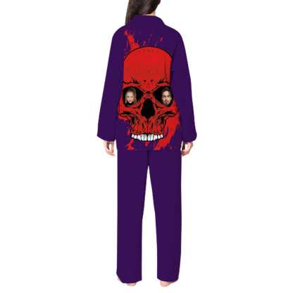 FacePajamas Custom Face Couple Pajamas Personalized Halloween Skull Custom Image Couple Matching V-Neck Long Sleeves Pajama Set