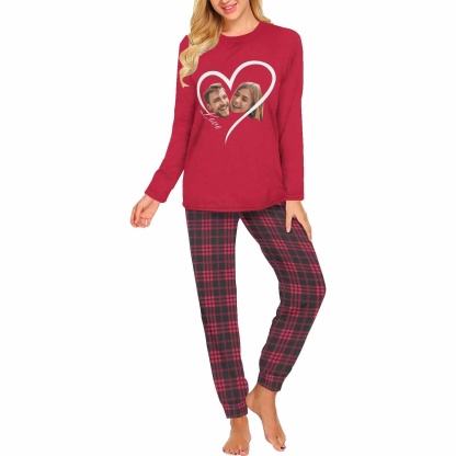 FacePajamas Custom Face Couple Pajamas Personalized Love Custom Image Couple Matching Crew Neck Long Sleeves Pajama Set