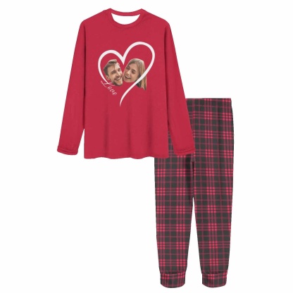 FacePajamas Custom Face Couple Pajamas Personalized Love Custom Image Couple Matching Crew Neck Long Sleeves Pajama Set