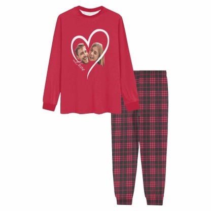 FacePajamas Custom Face Couple Pajamas Personalized Love Custom Image Couple Matching Crew Neck Long Sleeves Pajama Set