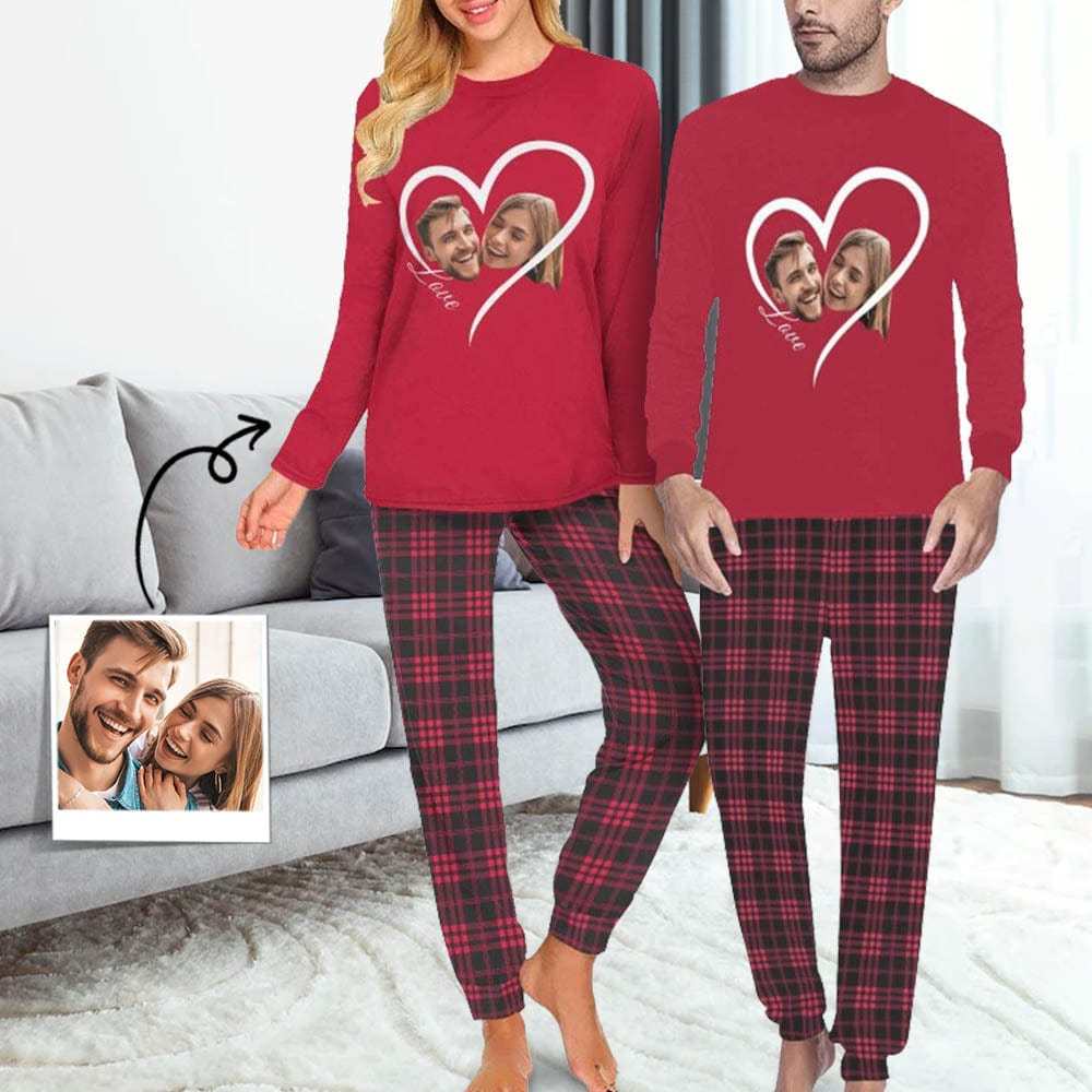 FacePajamas Custom Face Couple Pajamas Personalized Love Custom Image Couple Matching Crew Neck Long Sleeves Pajama Set