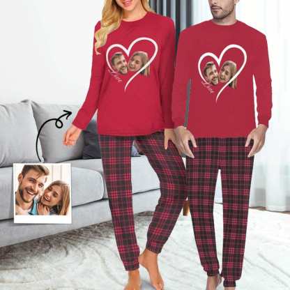FacePajamas Custom Face Couple Pajamas Personalized Love Custom Image Couple Matching Crew Neck Long Sleeves Pajama Set
