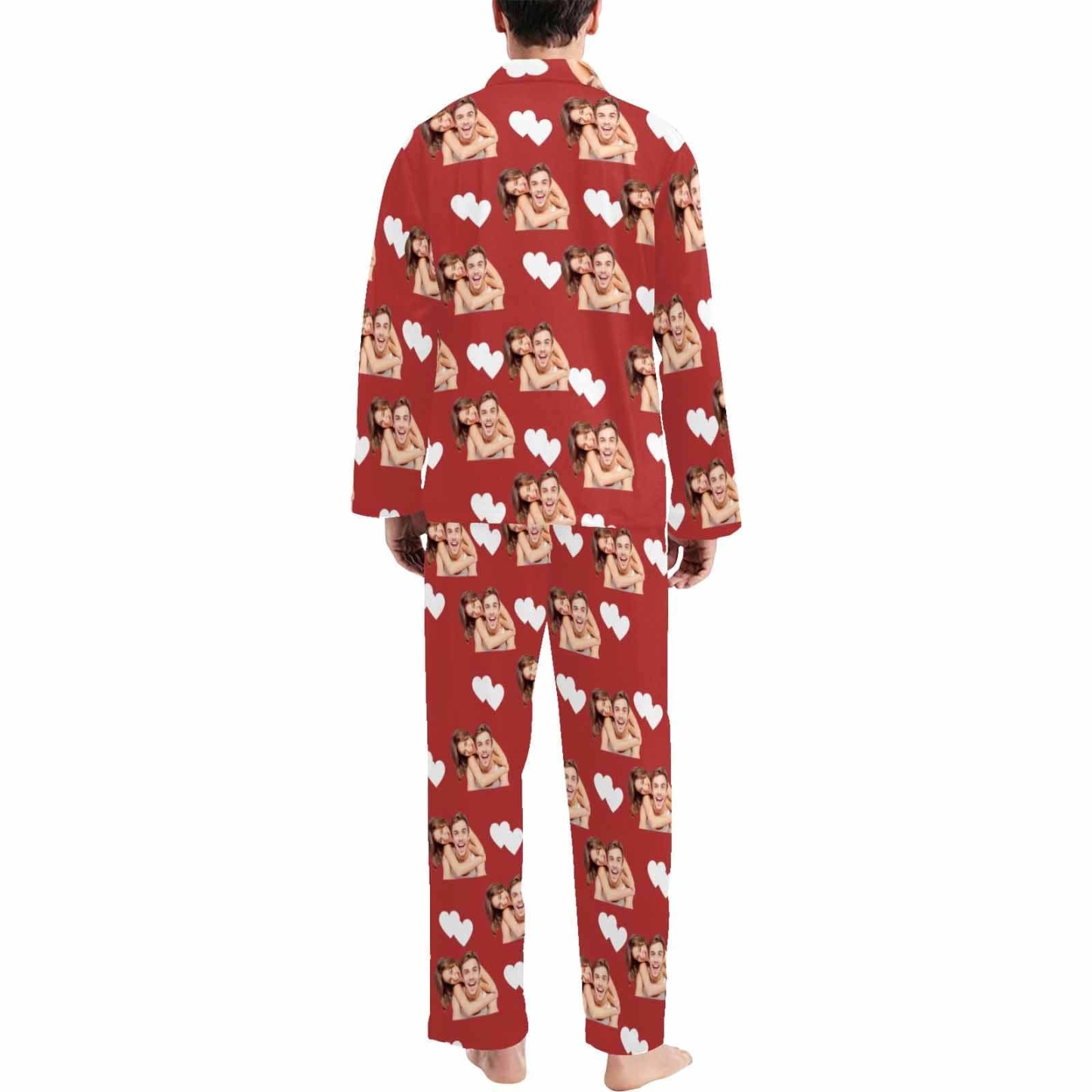 FacePajamas Custom Face Couple Pajamas Personalized Photo Man Custom Image Couple Matching V-Neck Long Sleeves Pajama Set