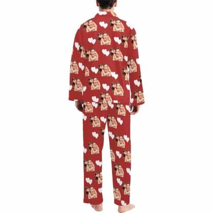 FacePajamas Custom Face Couple Pajamas Personalized Photo Man Custom Image Couple Matching V-Neck Long Sleeves Pajama Set