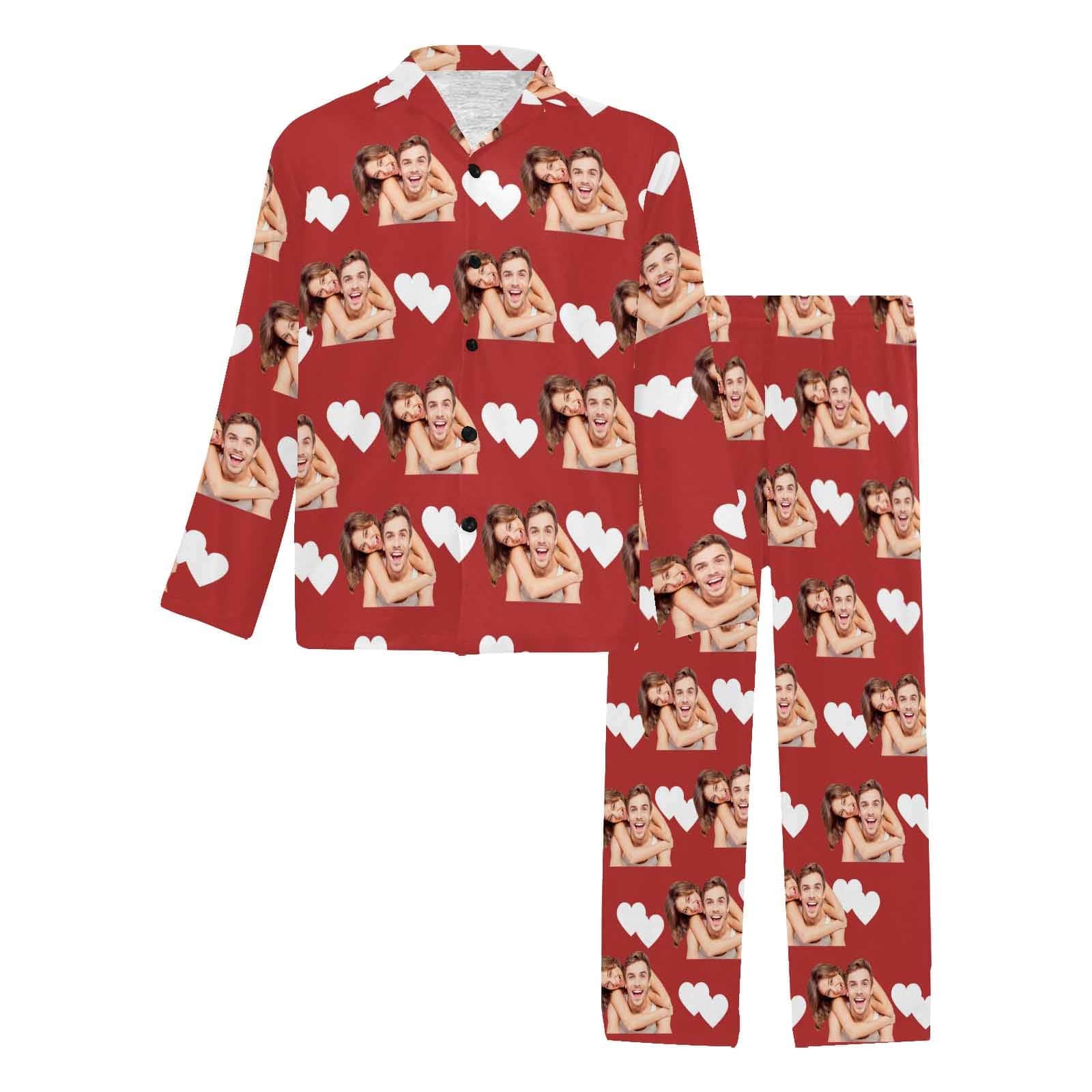 FacePajamas Custom Face Couple Pajamas Personalized Photo Man Custom Image Couple Matching V-Neck Long Sleeves Pajama Set