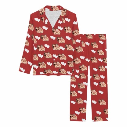 FacePajamas Custom Face Couple Pajamas Personalized Photo Man Custom Image Couple Matching V-Neck Long Sleeves Pajama Set