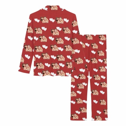 FacePajamas Custom Face Couple Pajamas Personalized Photo Man Custom Image Couple Matching V-Neck Long Sleeves Pajama Set