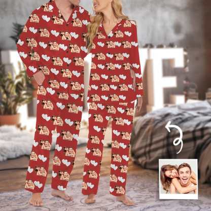 FacePajamas Custom Face Couple Pajamas Personalized Photo Man Custom Image Couple Matching V-Neck Long Sleeves Pajama Set