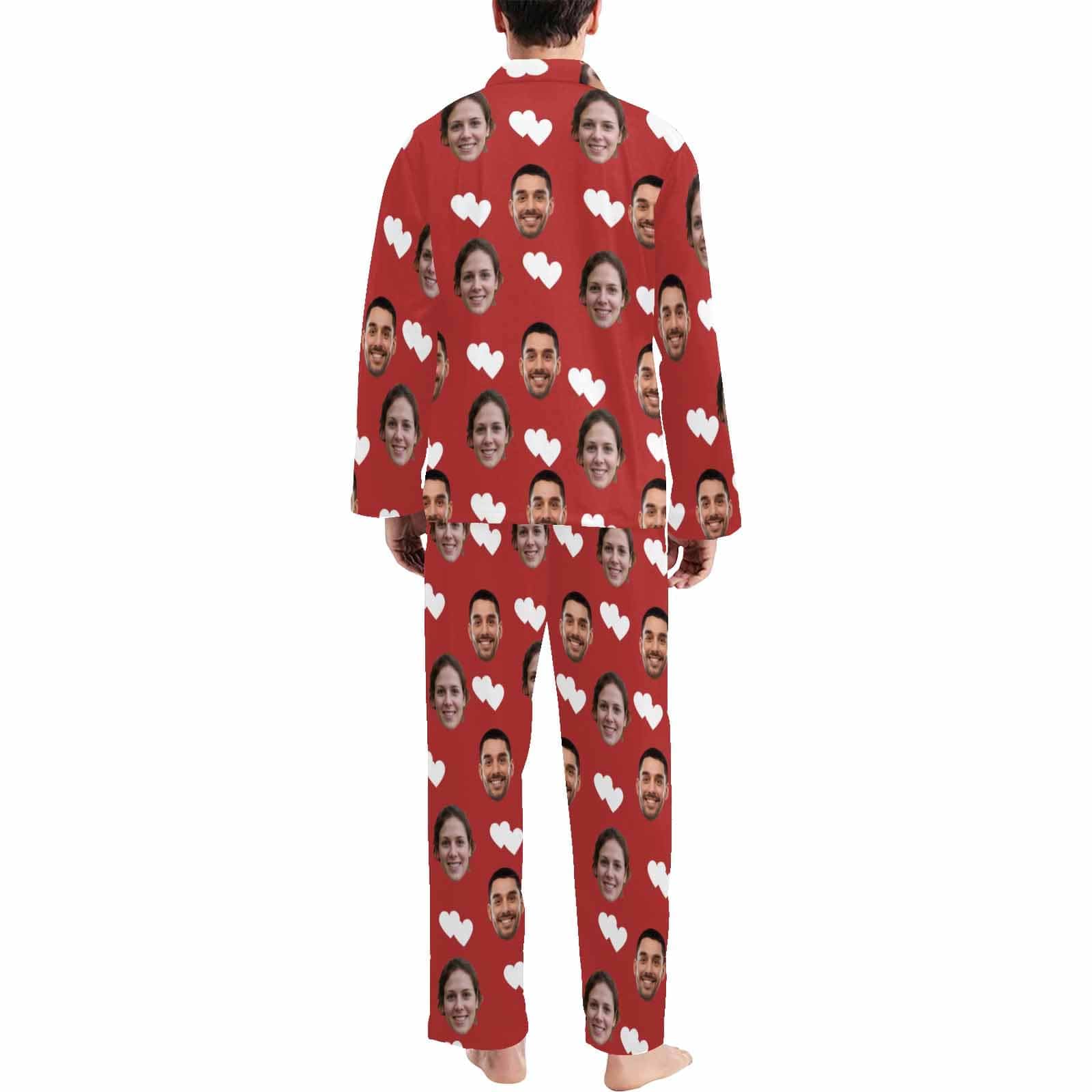 FacePajamas Custom Face Couple Pajamas Personalized White Love Man Custom Image Couple Matching V-Neck Long Sleeves Pajama Set