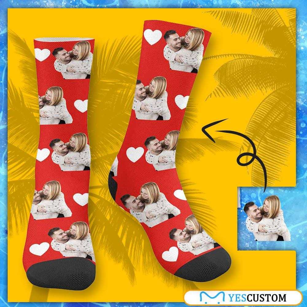 FacePajamas Sublimated Crew Socks Custom Face Couple Socks Love Heart Sublimated Crew Socks Personalized Picture Socks Unisex Gift for Men Women