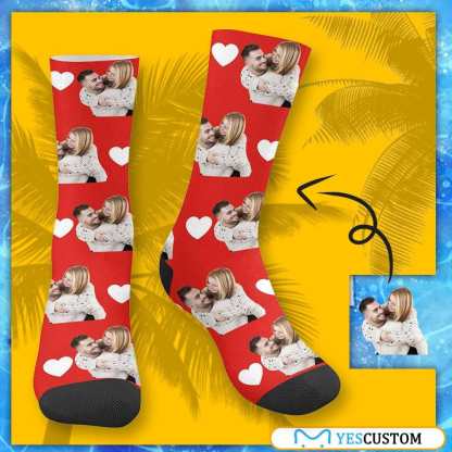 FacePajamas Sublimated Crew Socks Custom Face Couple Socks Love Heart Sublimated Crew Socks Personalized Picture Socks Unisex Gift for Men Women