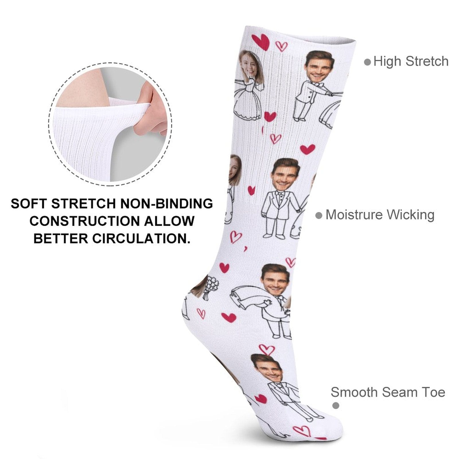 FacePajamas Sublimated Crew Socks-2WH-SDS Custom Face Couple Sublimated Crew Socks Heart Wedding Socks Personalized Funny Photo Socks Gift