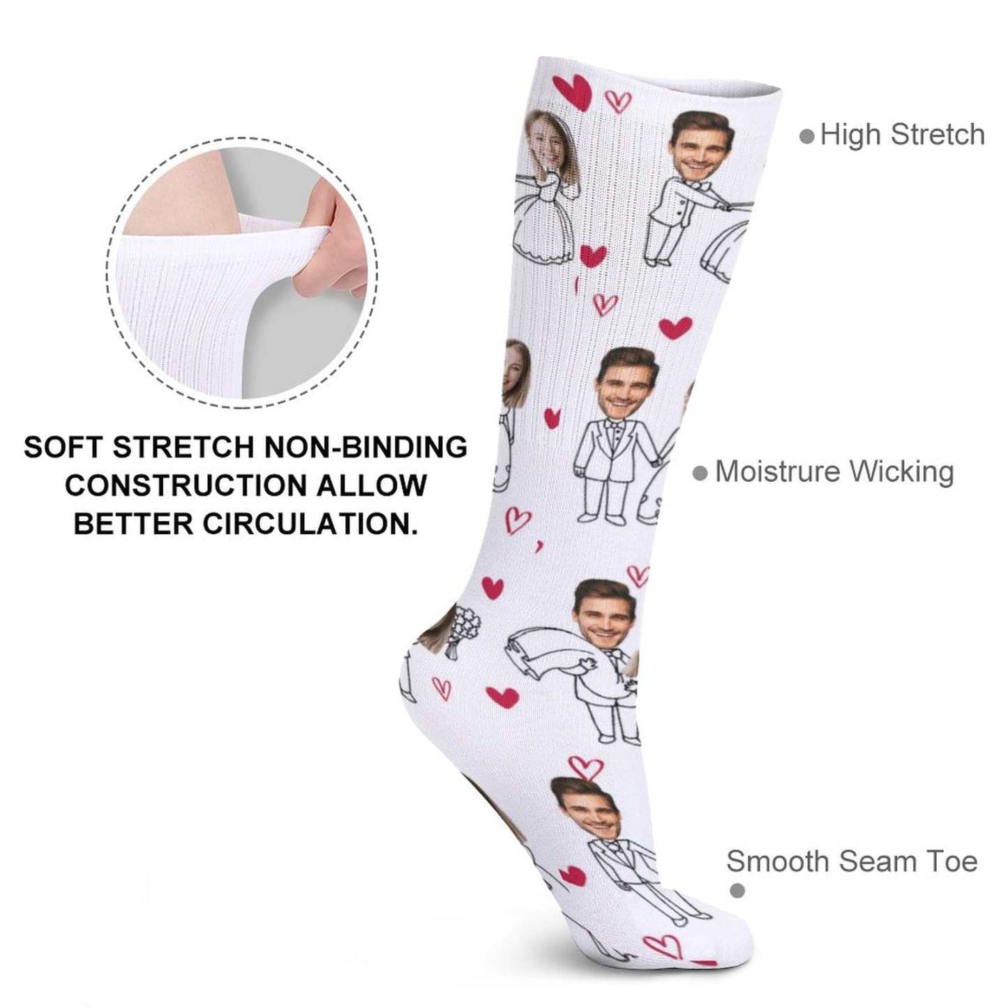 FacePajamas Sublimated Crew Socks-2WH-SDS Custom Face Couple Sublimated Crew Socks Heart Wedding Socks Personalized Funny Photo Socks Gift