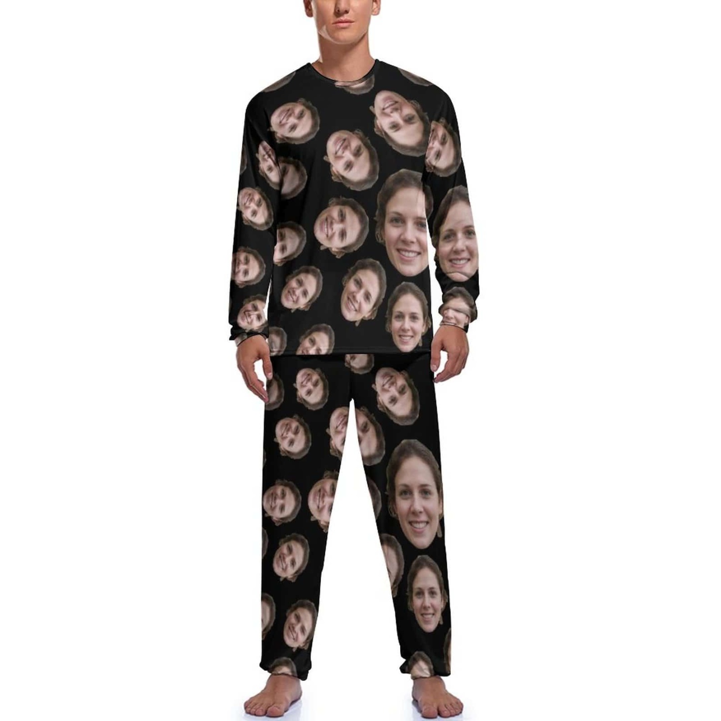 FacePajamas Pajama Custom Face Cute Black Crewneck Long Sleeve Pajama Set Personalized Photo Sleepwear Sets Nightwear for Men&Women