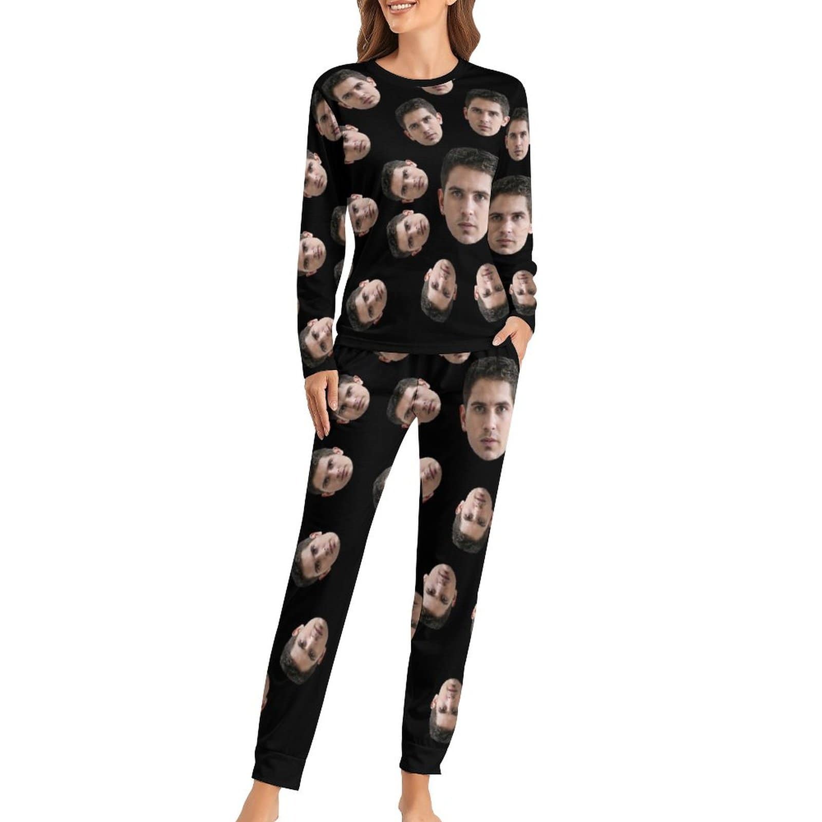FacePajamas Pajama Custom Face Cute Black Crewneck Long Sleeve Pajama Set Personalized Photo Sleepwear Sets Nightwear for Men&Women