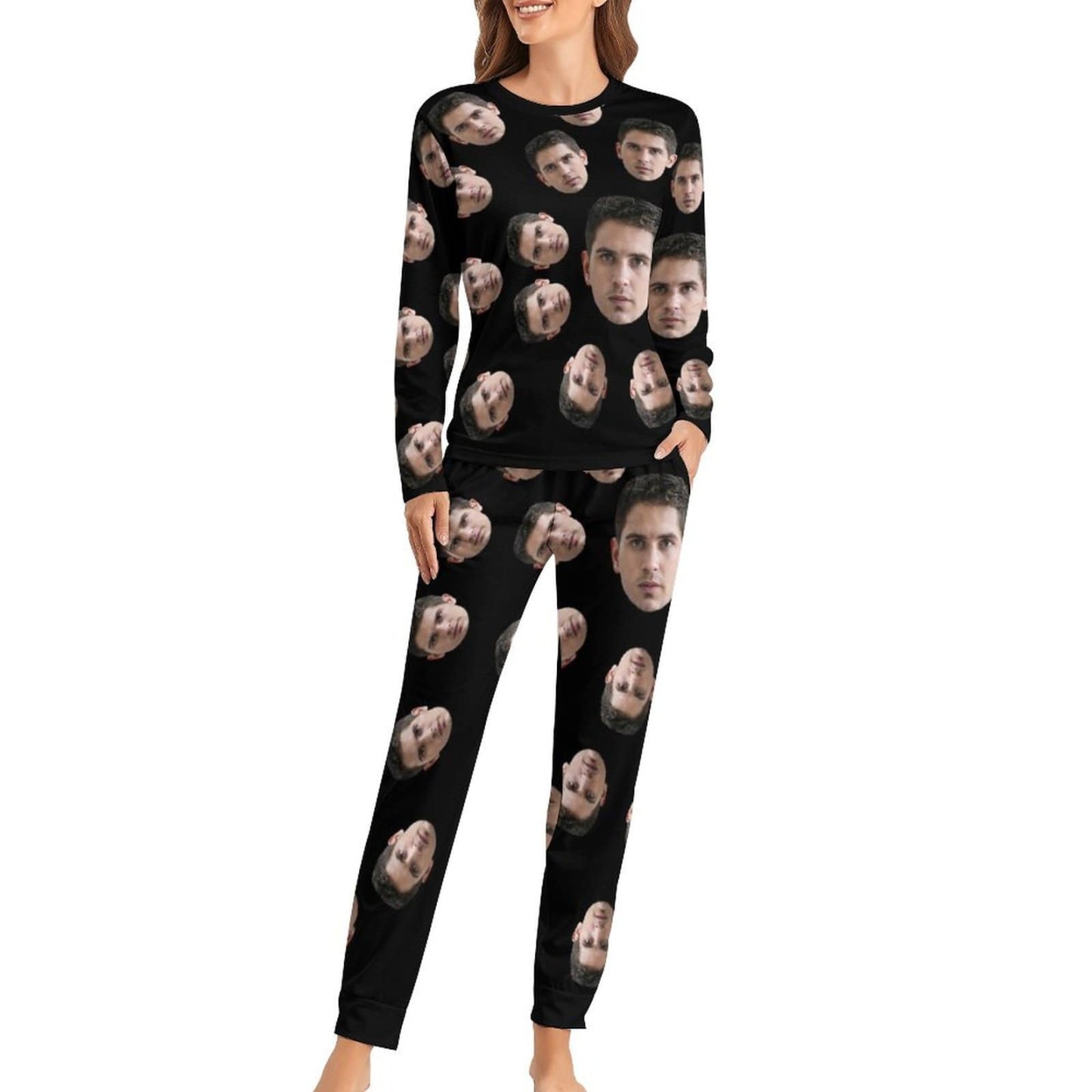FacePajamas Pajama Custom Face Cute Black Crewneck Long Sleeve Pajama Set Personalized Photo Sleepwear Sets Nightwear for Men&Women