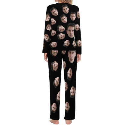 FacePajamas Pajama Custom Face Cute Black Crewneck Long Sleeve Pajama Set Personalized Photo Sleepwear Sets Nightwear for Men&Women