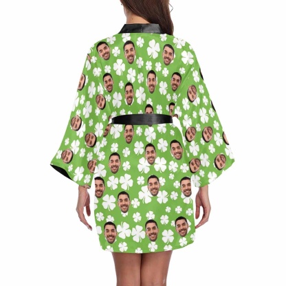 FacePajamas Pajama Custom Face Cute Green Clover Women's Short Pajama Kimono Robe