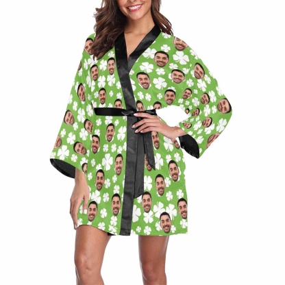 FacePajamas Pajama Custom Face Cute Green Clover Women's Short Pajama Kimono Robe