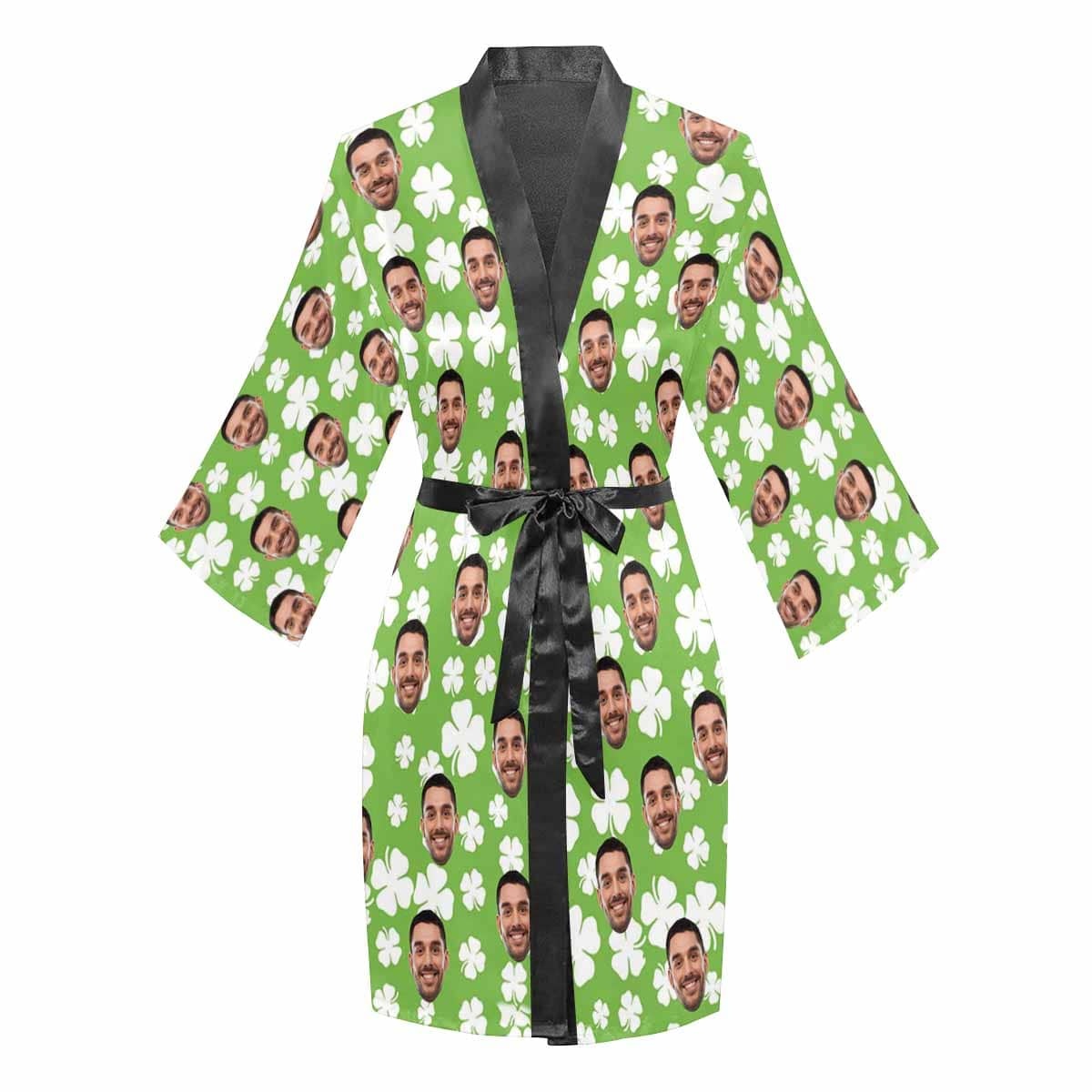 FacePajamas Pajama Custom Face Cute Green Clover Women's Short Pajama Kimono Robe