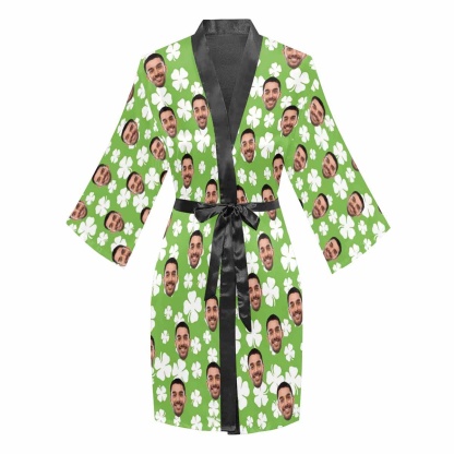 FacePajamas Pajama Custom Face Cute Green Clover Women's Short Pajama Kimono Robe